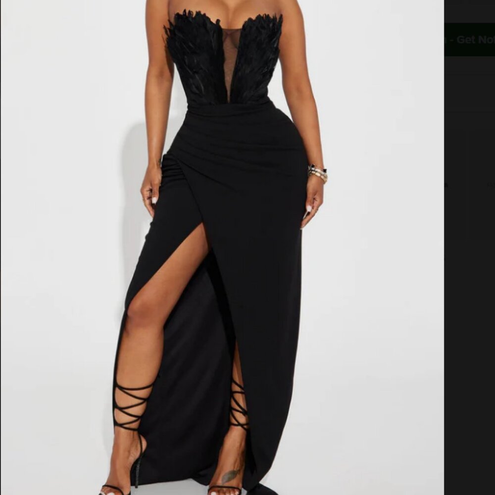 Savina Feather Maxi Dress - Black